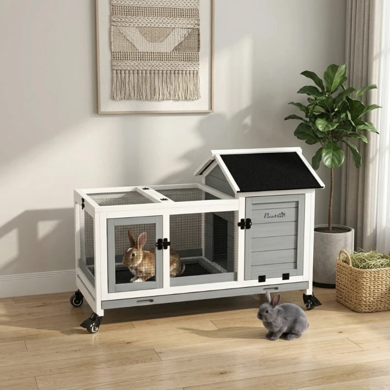 PawHut Wooden Rabbit Hutch with Wheels, Run, Slide-out Tray for Small Animals, Guinea Pig, Blue
