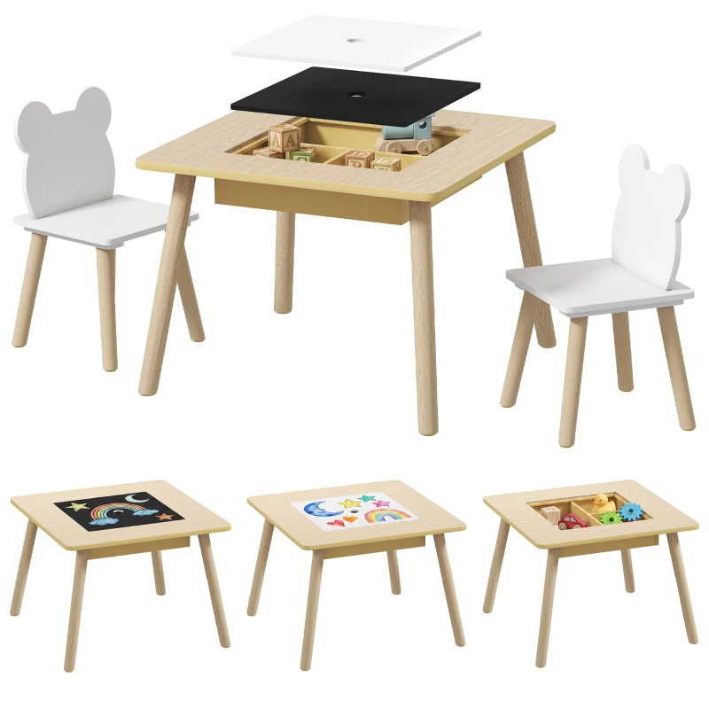 Qaba 3 Piece Kids Table and Chair Set with Convertible Desk with Storage, 3 in 1 Toddler Table and Chair Set for Nursery