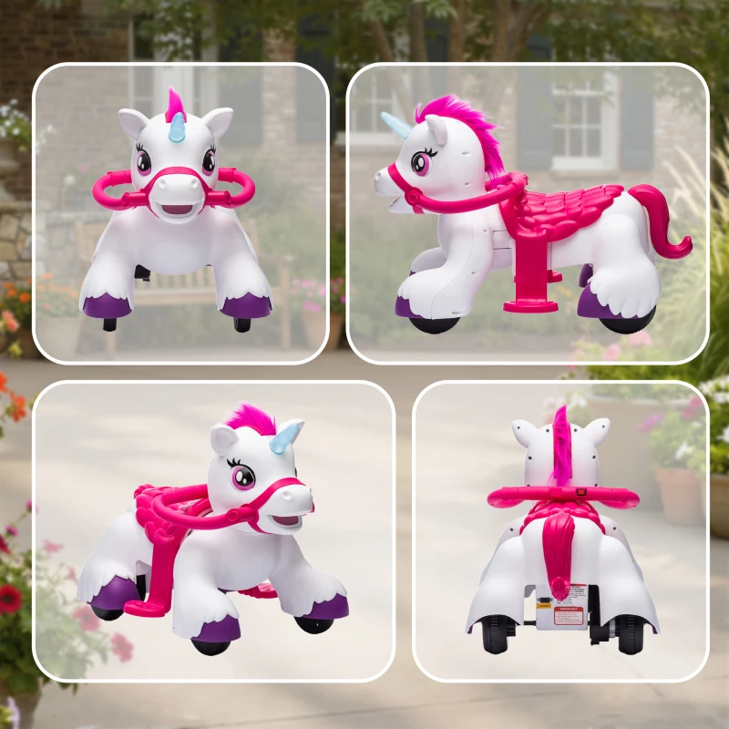 Qaba 12V Unicorn Ride on Horse with Carrot Toy, Comb, Animal Sounds, for Girls Boys Aged 1.5-3 Years Old