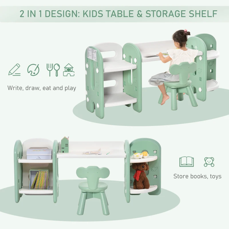 Qaba Kids Table and Chair Set, Activity Desk with Bookshelf & Storage for Study, Activities, Arts, or Crafts, Green and White