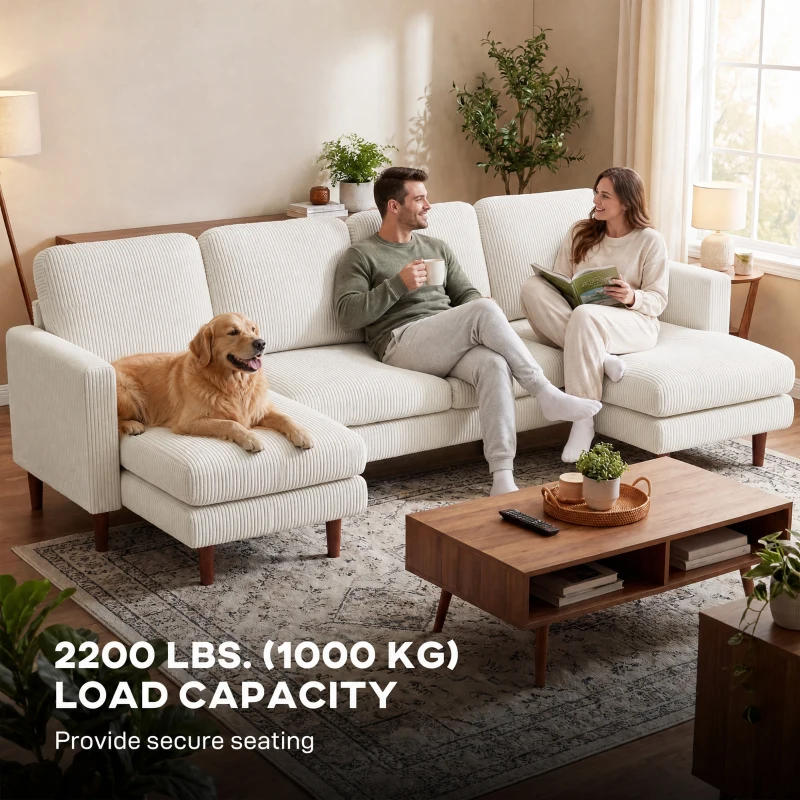 HOMCOM Sectional Sofa, Corduroy U Shaped Couch with Double Chaise and Spring Cushions, 2200lb Capacity, Beige