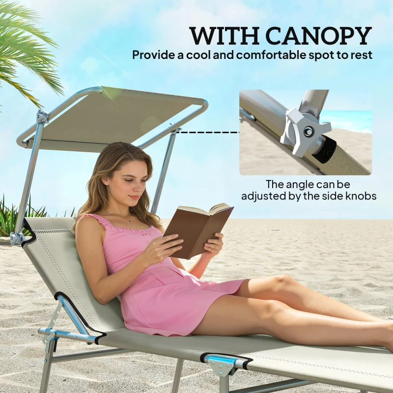 Outsunny Outdoor Pool Chaise Lounge Chair, Folding Tanning Chair with Sun Shade, Cream White