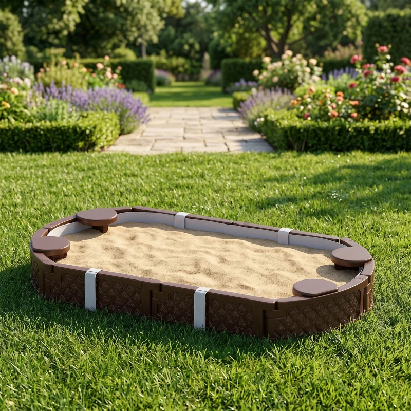 Qaba Kids Sandbox with Cover, 4 Corner Seats, Bottom Liner for Backyard, Garden, Outdoor, 71" x 42" W x 9", Dark Brown