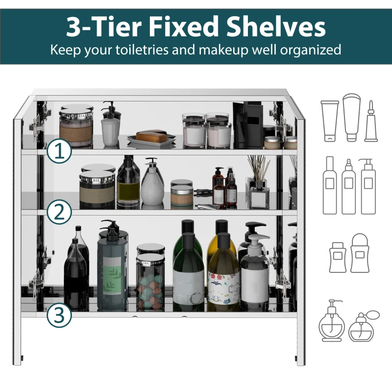 HOMCOM Wall Mounted Mirror Cabinet, Bathroom Medicine Cabinet with Mirror, 2 Doors and 3-tier Shelving, Silver