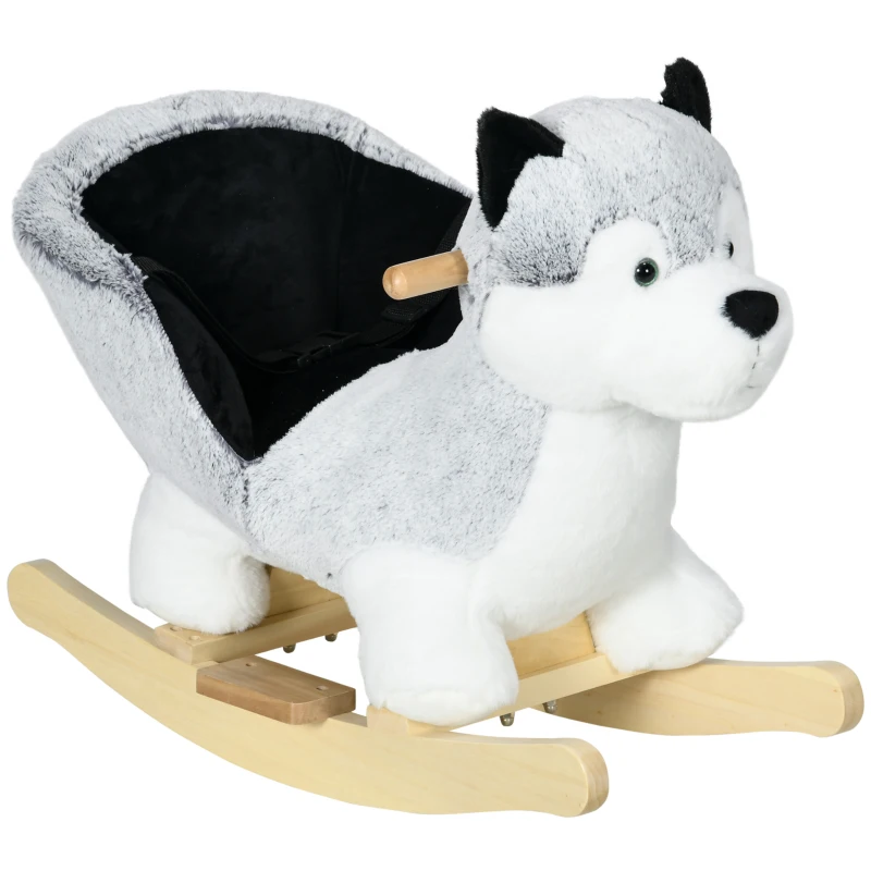 Qaba Baby Rocking Horse, Plush Animal Rocker for Toddlers Aged 18-36 Months, Stuffed Ride Toy with Sounds, Seat Belt, Grey