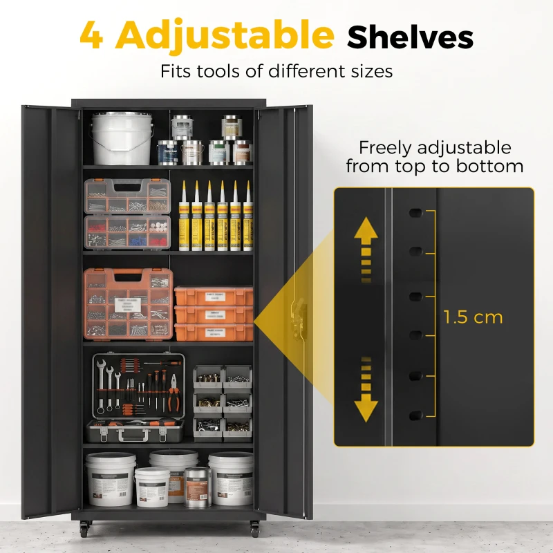 HOMCOM Metal Storage Cabinet, 71" Tall Lockable Steel Tool Cabinet with Removable Wheels and Adjustable Shelves, Black