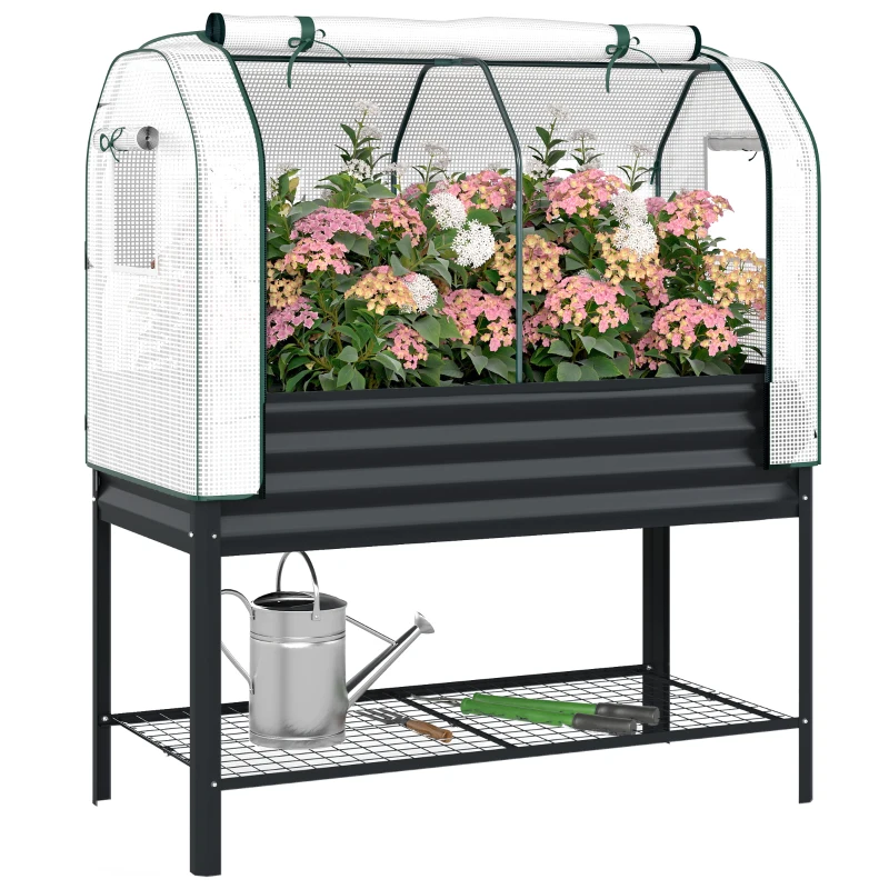 Outsunny Galvanised Raised Garden Bed with Greenhouse Cover, Metal Elevated Garden Bed with Bed Liner, Bottom Shelf, Black