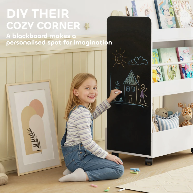 Qaba Kids Bookshelf, Kids Bookcase with Wheels & Blackboard, for Nursery, Kids Room, Playroom, for 3-8 Years