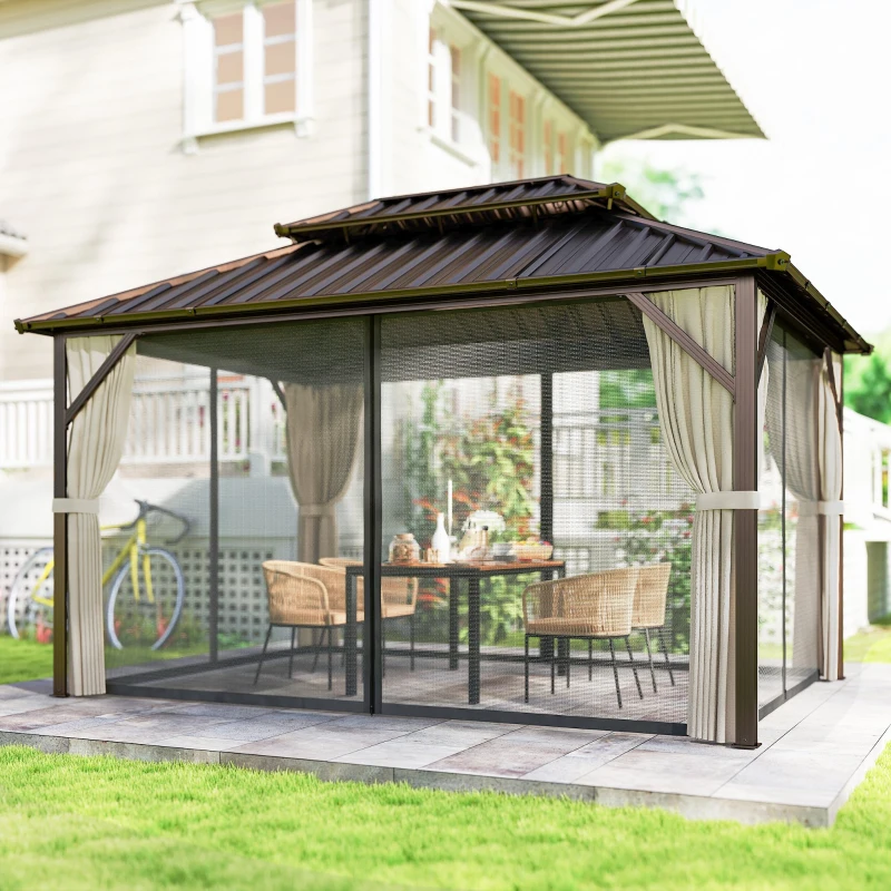 Outsunny 10' x 14' Hardtop Gazebo with Double Galvanized Steel Roof Canopy, Aluminum Frame Permanent Gazebo, Brown