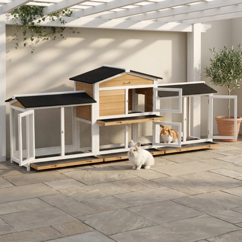 PawHut 90.5" Wooden Rabbit Hutch Bunny Cage Pet Playpen House Enclosure with Double Side Run Boxes, No Leak Tray, Ramp, for Rabbits, Chickens, Ducks, Guinea Pig and Small Animals, White