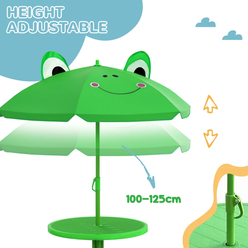 Outsunny Kids Folding Picnic Table and Chair Set Pattern Outdoor Garden Patio Backyard with Removable & Height Adjustable Sun Umbrella Green