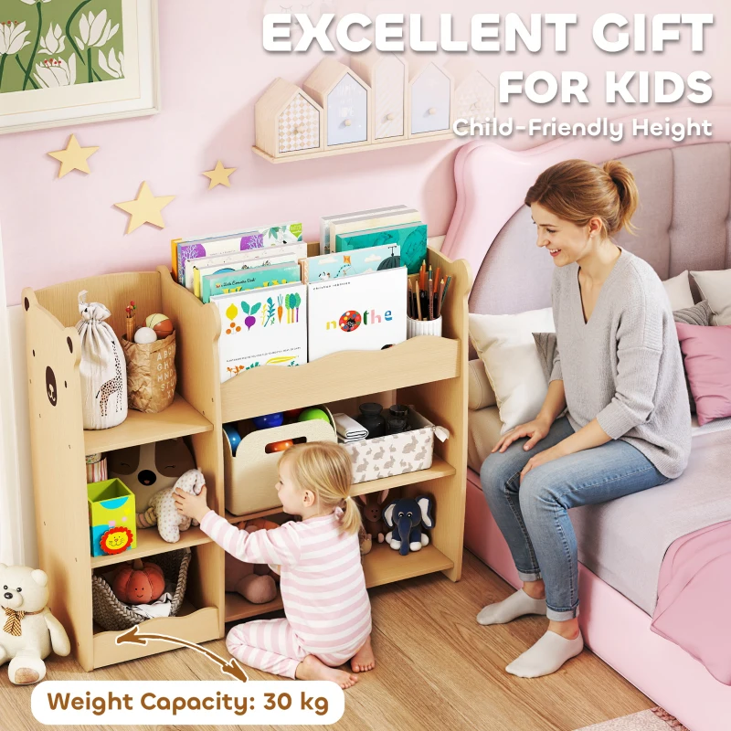 Qaba Kids Bookshelf and Toy Storage Organizer, 3 Tier Montessori Toy Organizer with Open Display for Nursery, Natural