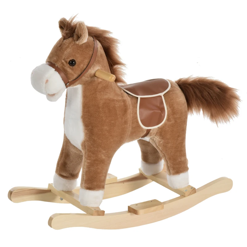 Qaba Rocking Horse Plush Animal on Wooden Rockers, Baby Rocking Chair with Sounds, Moving Mouth, Wagging Tail, Brown