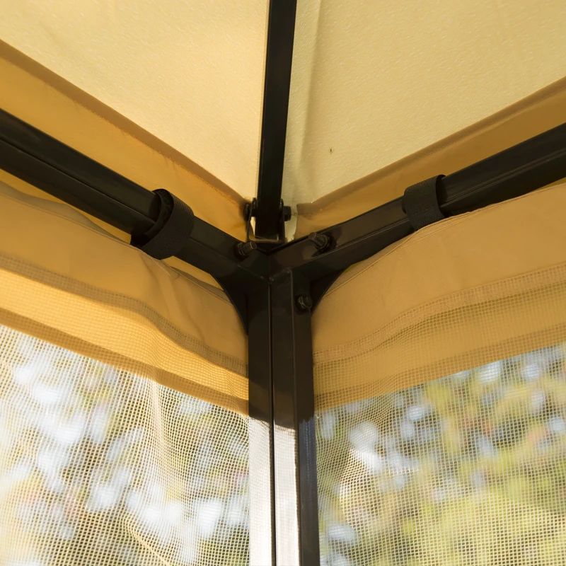 Outsunny 10' x 10' Metal Patio Gazebo, Double Roof Outdoor Gazebo Canopy Shelter with Tree Motifs Corner Frame and Netting, for Garden, Lawn, Backyard, and Deck, Beige