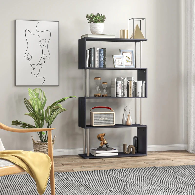 HomCom Modern S-Shaped 5 Tier Room Dividing Bookcase Wooden Storage Display Stand Shelf - Black