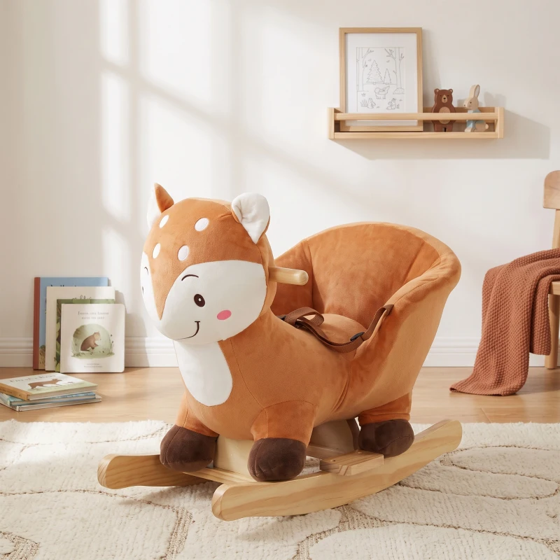 Qaba Baby Rocking Horse, Spotted Deer Rocking Horse Toy with Sounds, Seat Belt and Widened Base for Toddlers 1-3 Y, Brown