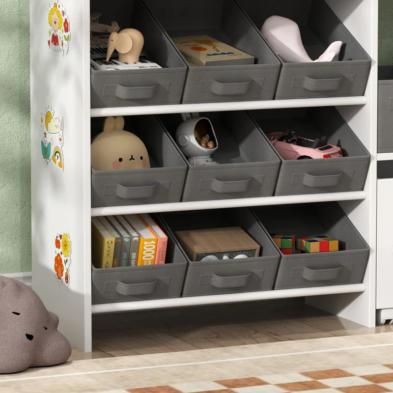 Qaba Kids Toy Storage Organizer with 11 Bins, Moveable Cabinet, Top Shelves, 3 Stickers, for Nursery, Playroom, White