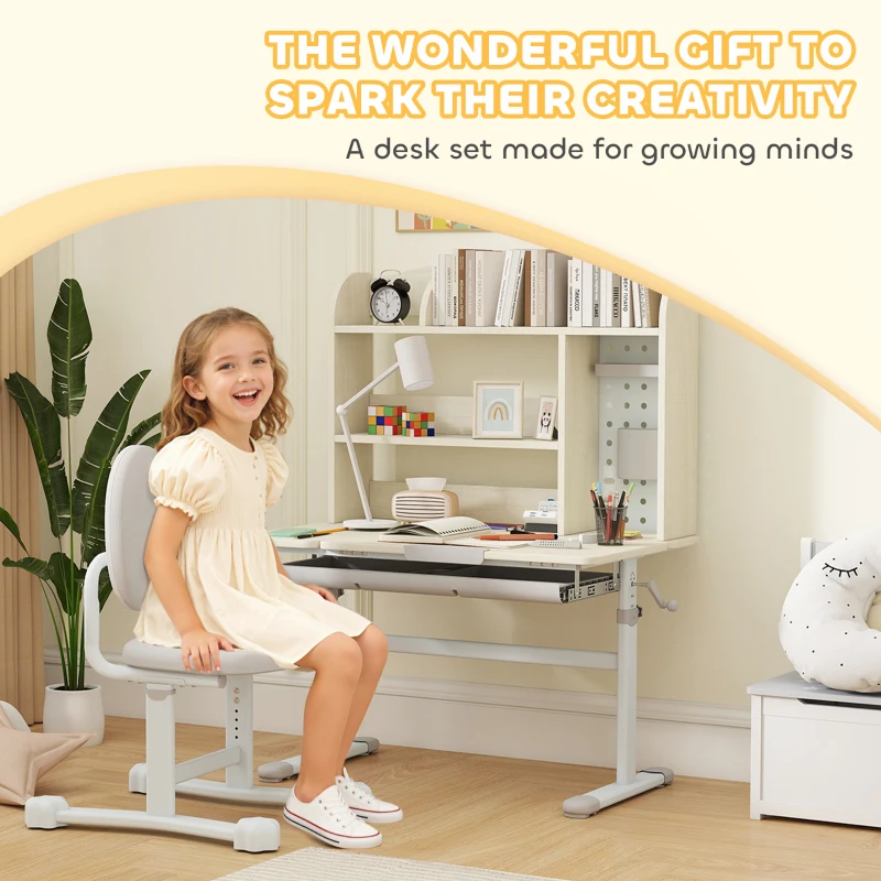Qaba Kids Study Desk and Chair Set with Adjustable Height, Tiltable Desktop, Hutch and Drawer for Ages 3-12, Gray