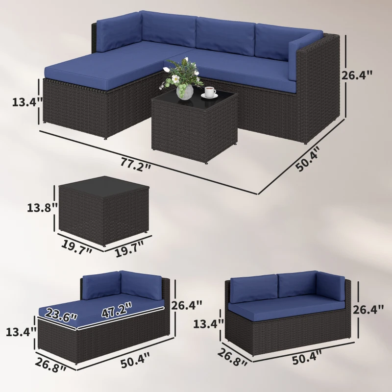 Outsunny 3 Piece Patio Furniture Set, Wicker Outdoor Patio Conversation Furniture Set with Cushions, Glass Top Table, Navy Blue
