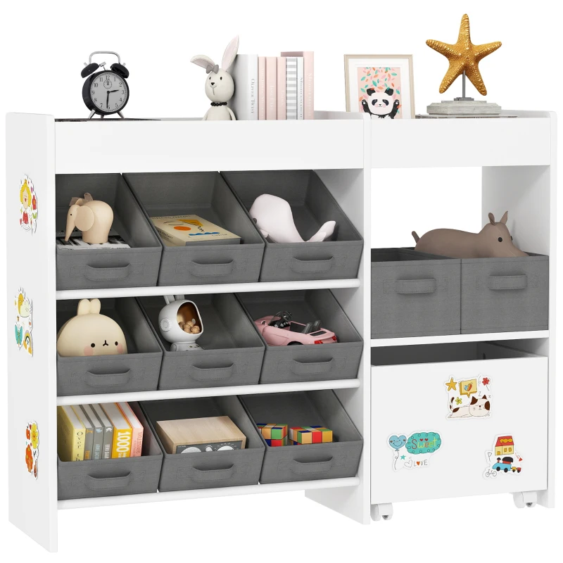 Qaba Kids Toy Storage Organizer with 11 Bins, Moveable Cabinet, Top Shelves, 3 Stickers, for Nursery, Playroom, White