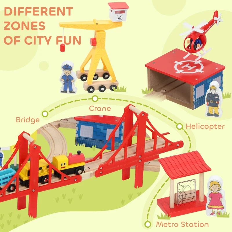 Qaba 133 Pcs Wooden Train Set with Track, Battery Towered Train, Crane, Bridge & Accessories, for Kids 3+ Years Old