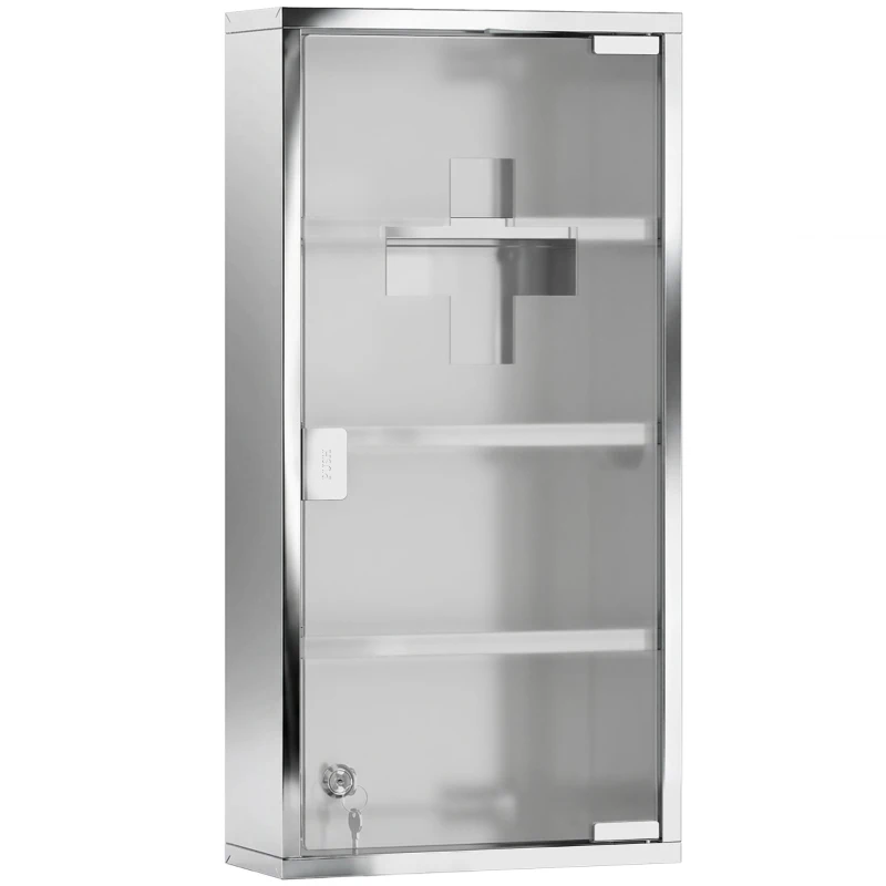 HOMCOM Wall Mount Medicine Cabinet, Bathroom Cabinet with 3 Tier Shelves, Stainless Steel Frame and Glass Door, Lockable with 2 Keys, Silver, 12" x 23.5"
