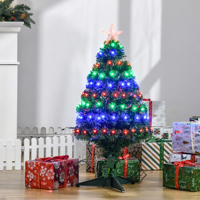 HOMCOM 3ft Tall Douglas Fir Pre-Lit Artificial Christmas Tree with Realistic Branches, 90 Multi-Color LED Lights, Fiber Optics and 90 Tips