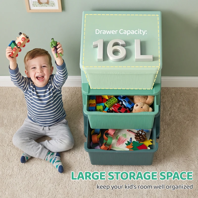 Qaba 3 Tier Kids Storage Unit, Toy Organizers and Storage with 3 Drawer for Bedroom Nursery Living Room for Boys Girls Green