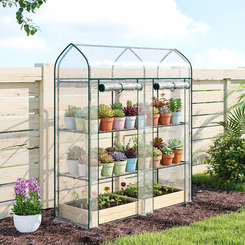 Outsunny 3 Tier Mini Greenhouse, Small Portable Greenhouse with 2 Roll-up Doors, 56.3" x 18.1" x 65", Clear