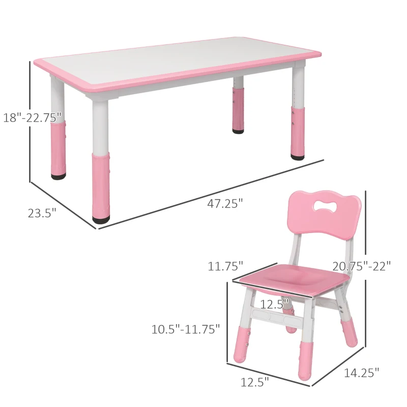 Qaba 5 Pieces Kids Table and Chairs, Height Adjustable Toddler Table and Chair Set with Storage, Easy to Wipe, Rectangular Table 4 Chairs for Classroom, for Daycare Classroom, 18 Months-5 Years, Pink