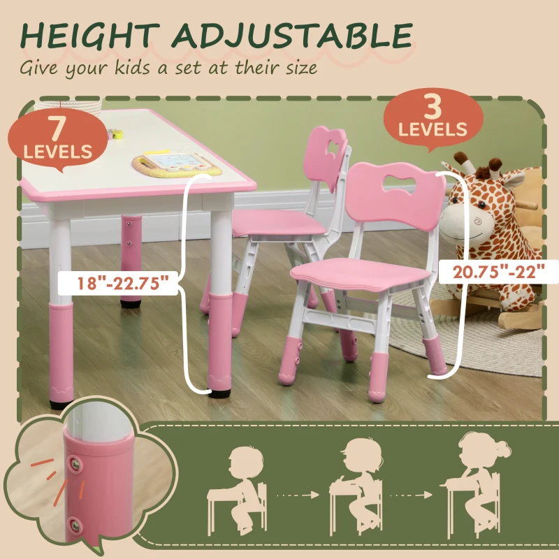 Qaba Kids Table and Chair Set with 4 Chairs, Adjustable Height, Easy to Clean, for 1.5 - 8 Years Old, Pink