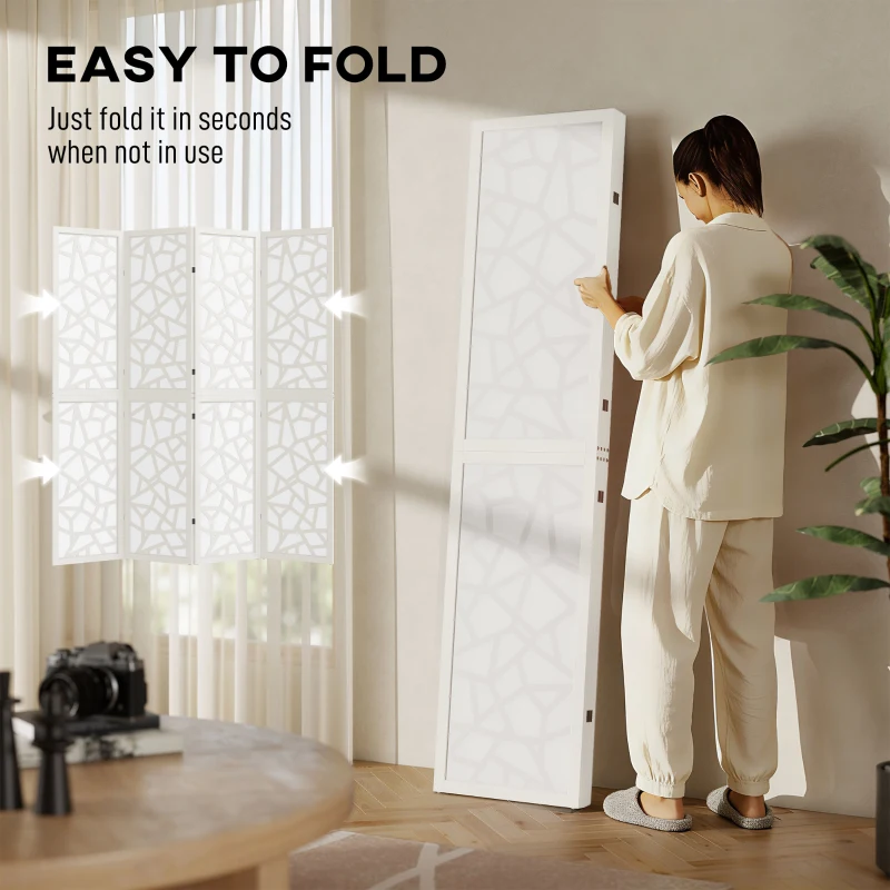 HOMCOM 4 Panel Room Divider, 5.6 FT Lightweight Folding Privacy Screen with Geometric Pattern for Living Room, Bedroom, White