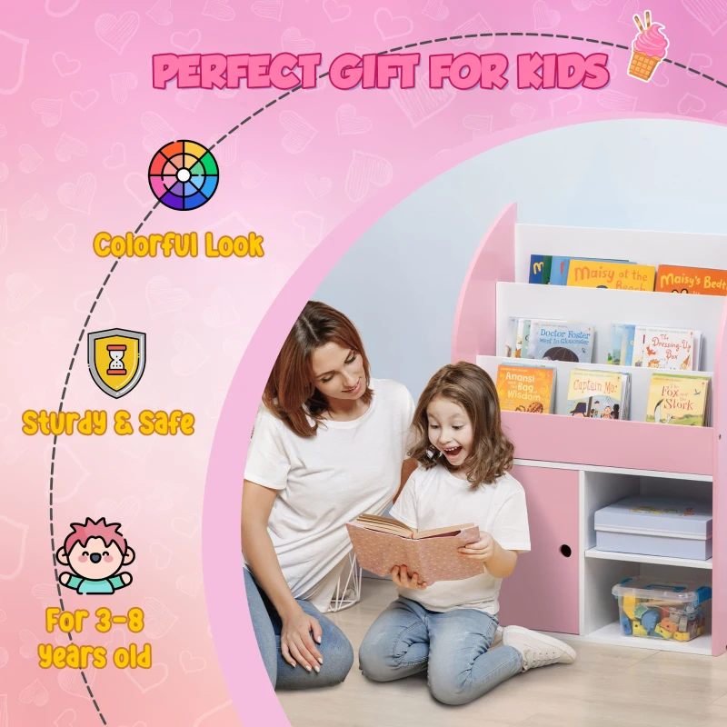 Qaba Toy Storage Organizer, Kids Bookshelf, Freestanding Children Bookcase with Cabinet for Toys Clothes Books, Pink