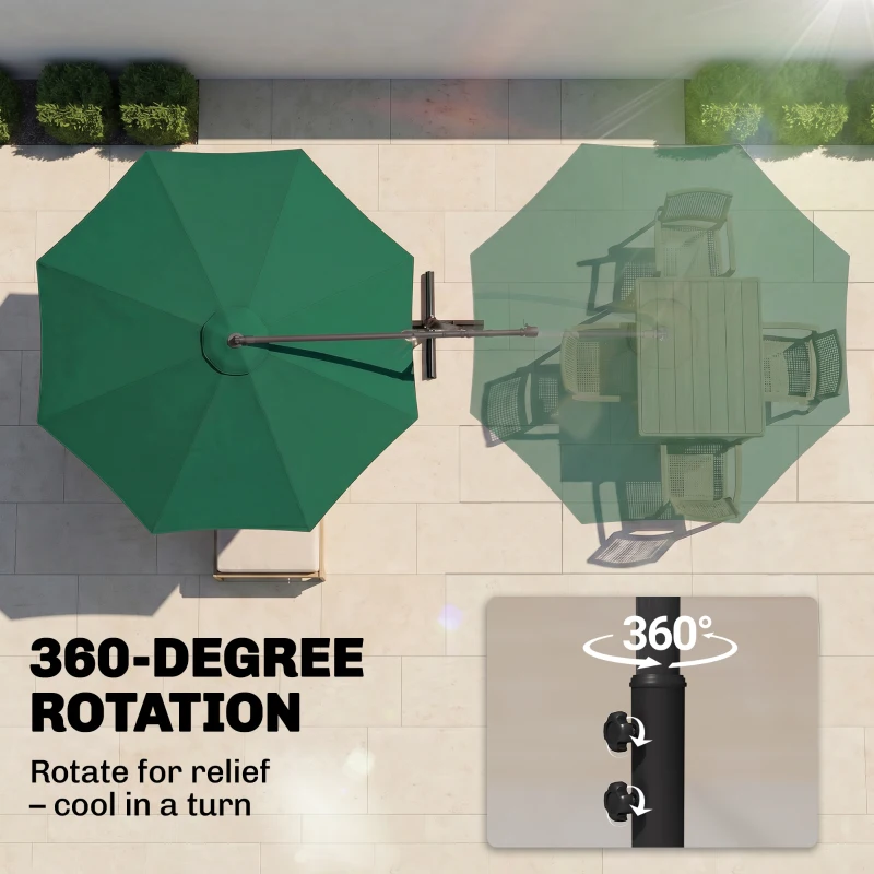 Outsunny 10' Cantilever Hanging Tilt Offset Patio Umbrella w/ UV & Water Safe Material & Cross Base (Weight Not Included), Green