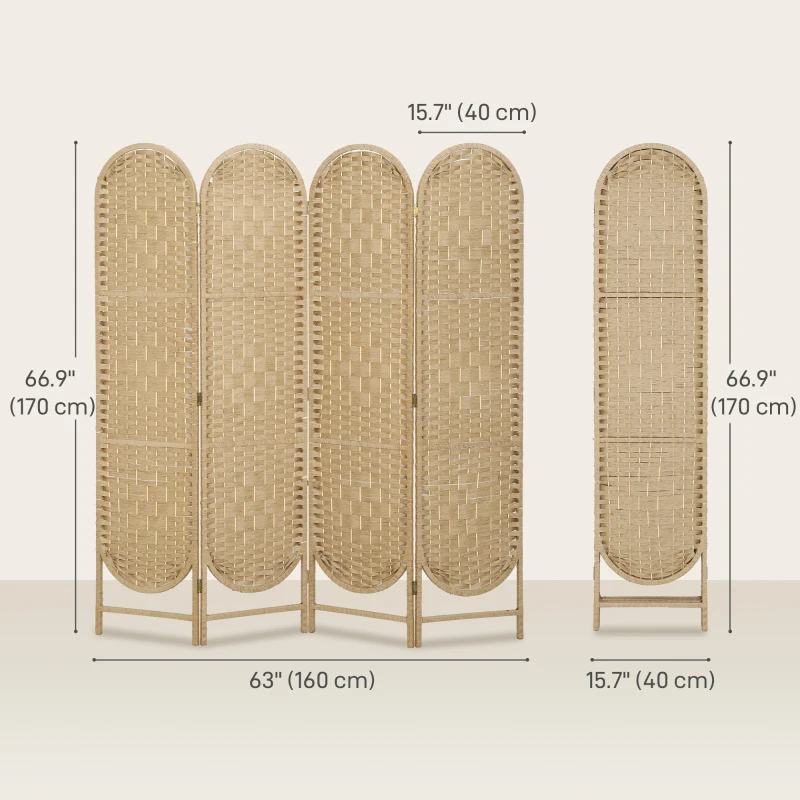 HOMCOM Bohemian Privacy Screen, Folding Room Divider with 4 Panels and Arched Top for Bedroom Living Room Office, Natural Wood