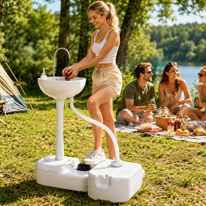 kleankin Portable Camping Sink, HDPE Handwashing Station Basin with 4.5 Gal Tank, 6.3 Gal Recovery Tank, Wheels & Soap Dispenser