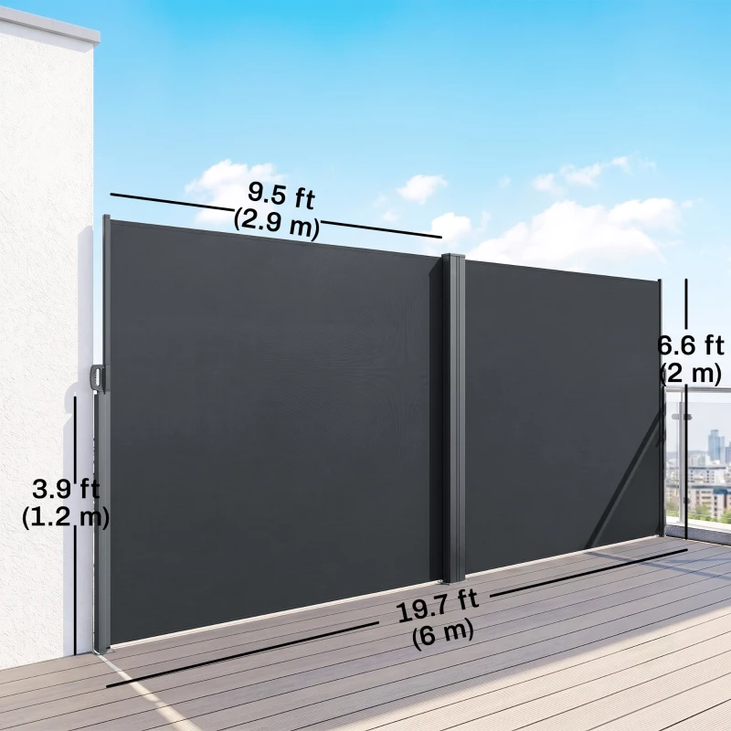 Outsunny Retractable Double Side Awning, 79"x236" Patio Privacy Screen, UV Resistant, Waterproof Wind Screen, Charcoal Grey