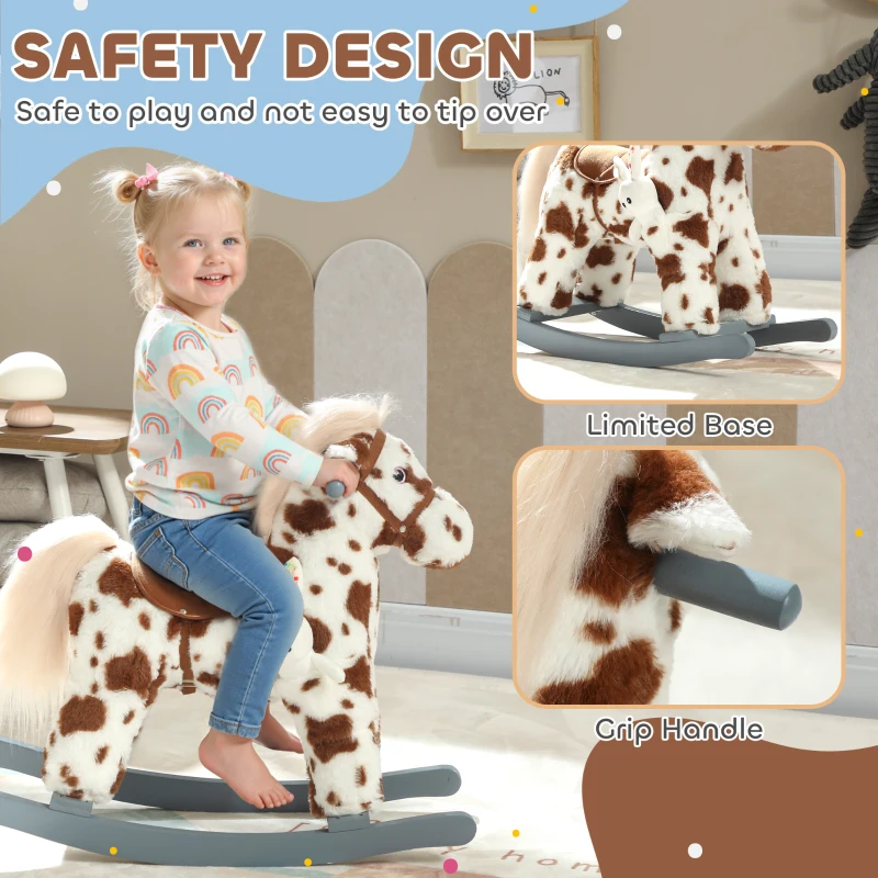 Qaba Rocking Horse, Animal Rocker with Rabbit Toy and Realistic Neigh for Toddlers, Soft Filling Ride on Pony, Brown