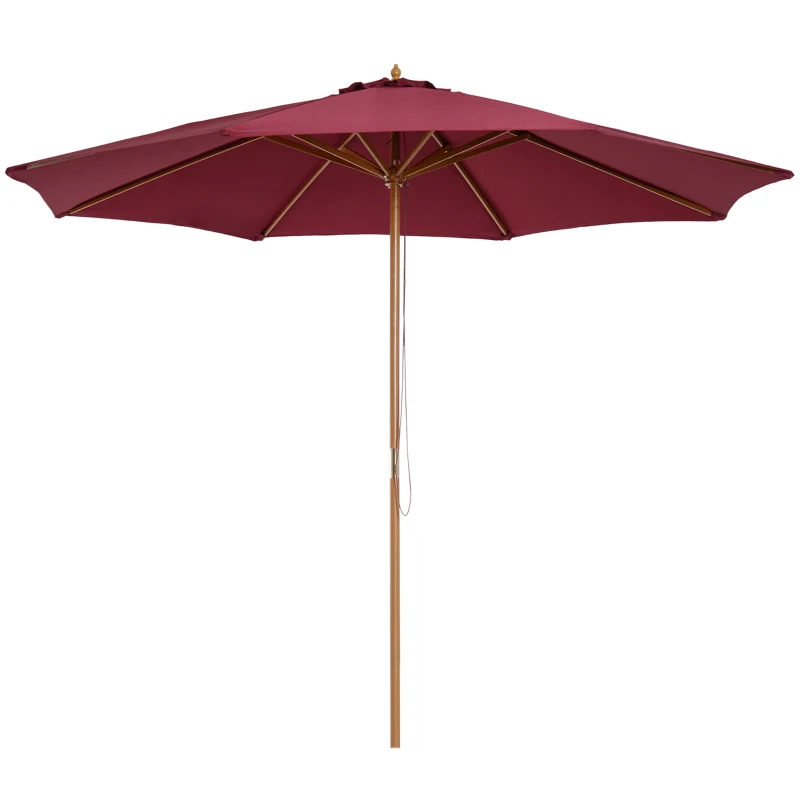 Outsunny 10' x 8' Bamboo Wooden Round Market Patio Sun Umbrella, Garden Parasol, Outdoor Sunshade Canopy, Wine Red