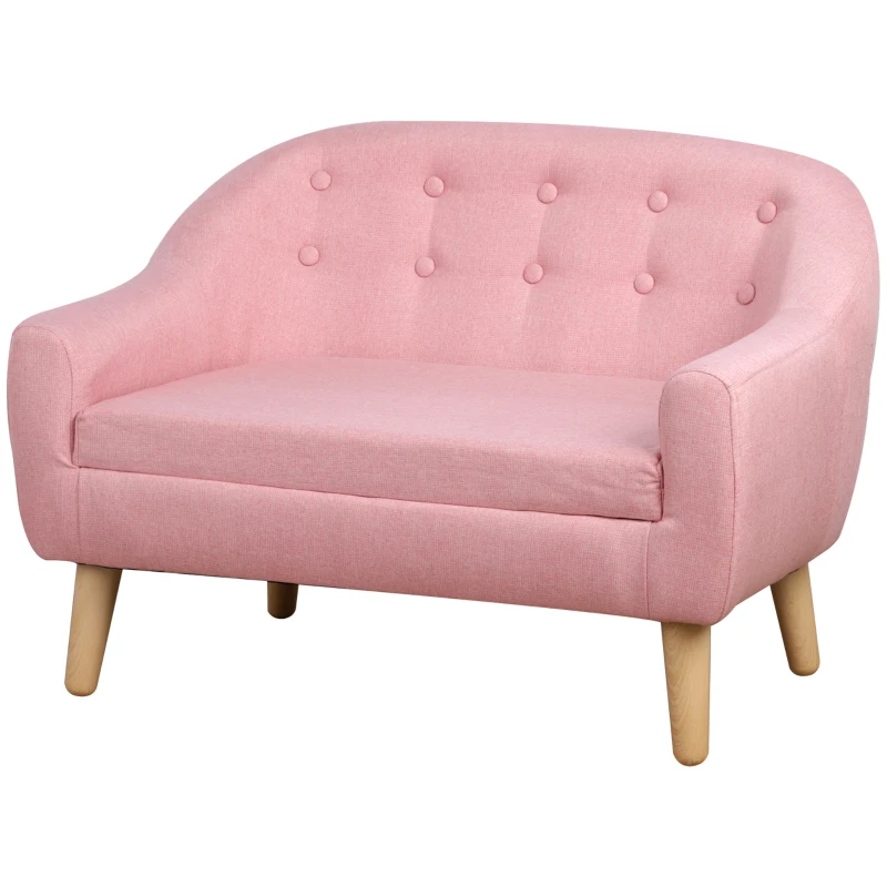 Qaba 2-Seat Kids Sofa, Toddler Sofa Couch, Linen-Like Fabric & Wood Frame Sofa Chair for Ages 3-7, 11" High Seat, Pink