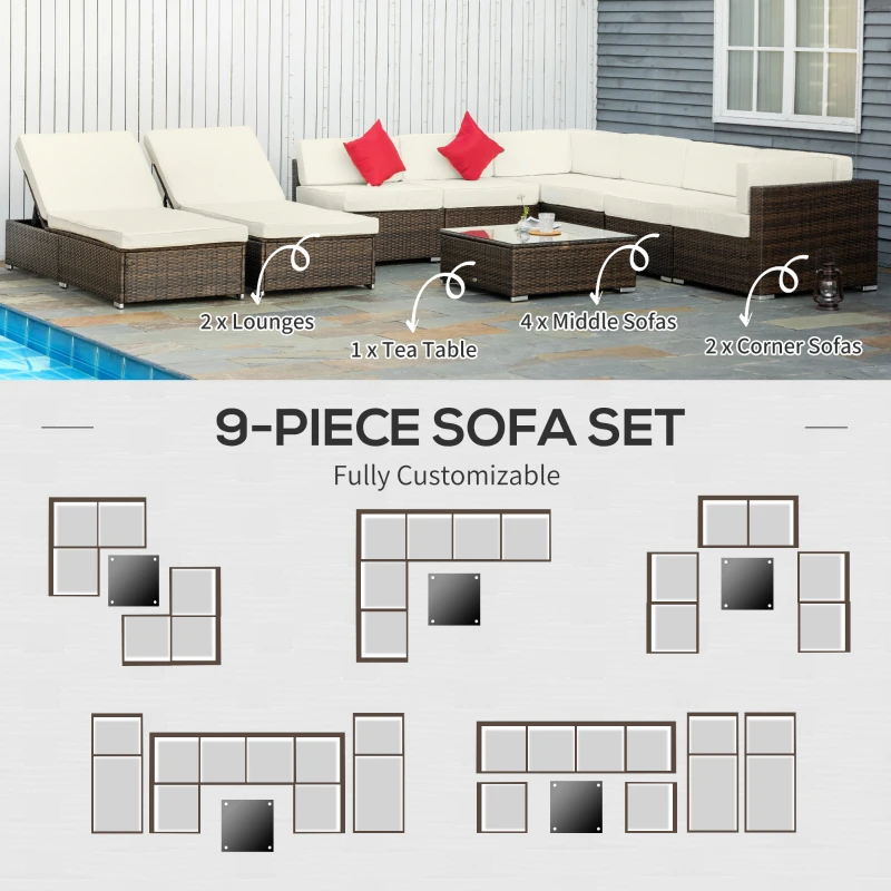 Outsunny 9-Piece Outdoor Patio Sectional Furniture Set, Throw Pillows, 8 Seat Sofa Set, 2 Reclining Chaise Lounge Chairs, Coffee Table, Wicker Conversational Couch, Cushions, Beige