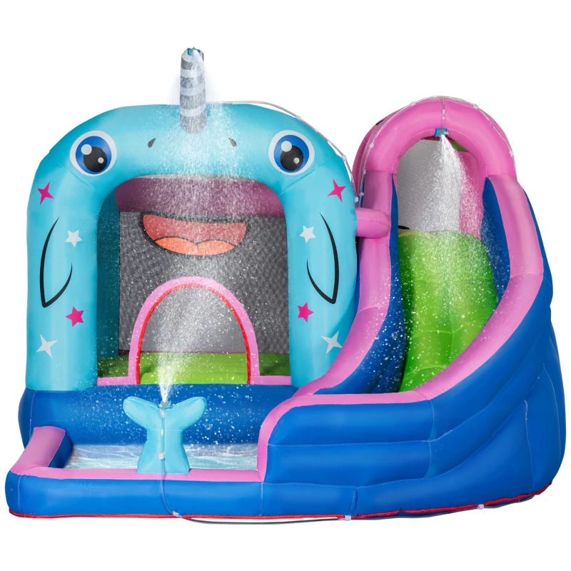 Outsunny 5-in-1 Water Slide Kids Inflatable Bounce House Narwhals Theme Water Park Includes Slide Trampoline Pool Cannon Climbing Wall with Carry Bag, Repair Patches without Air Blower