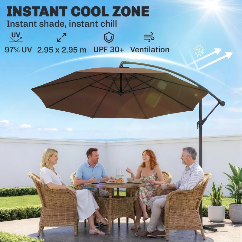 Outsunny 10' Deluxe Patio Umbrella, Outdoor Market Parasol, Banana Hanging Offset Sunshade with Crank, Cross Base, Coffee