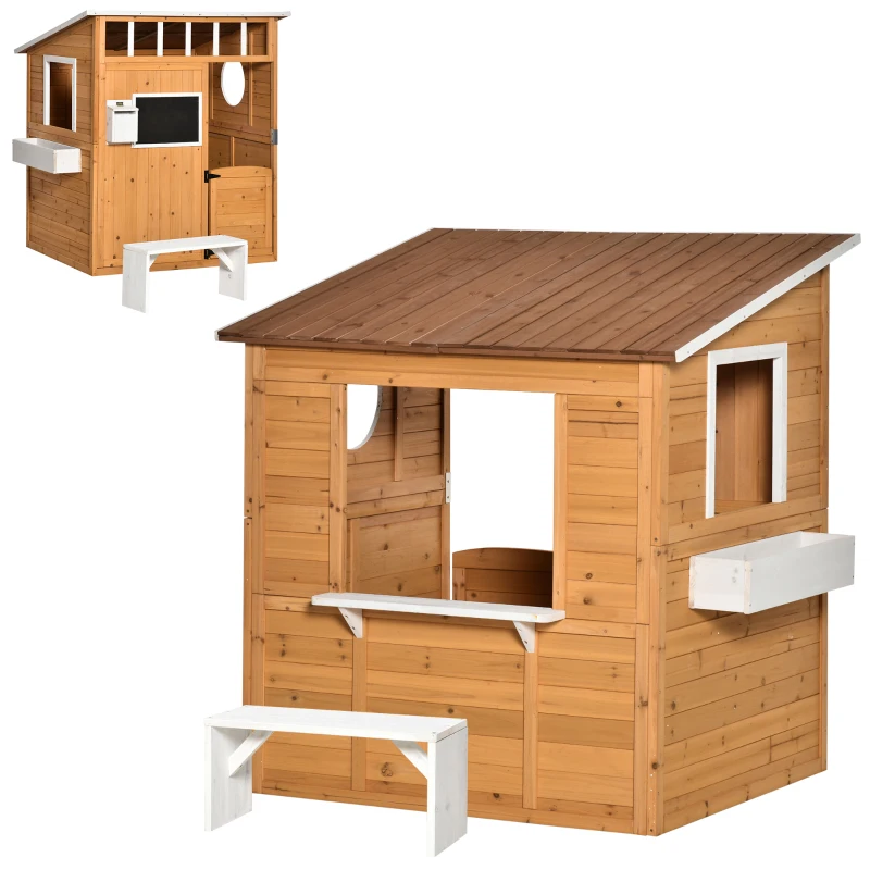 Outsunny Wooden Outdoor Playhouse for Kids with Working Door, Windows, Mailbox, Bench, Flowers Box and Blackboard, Yellow