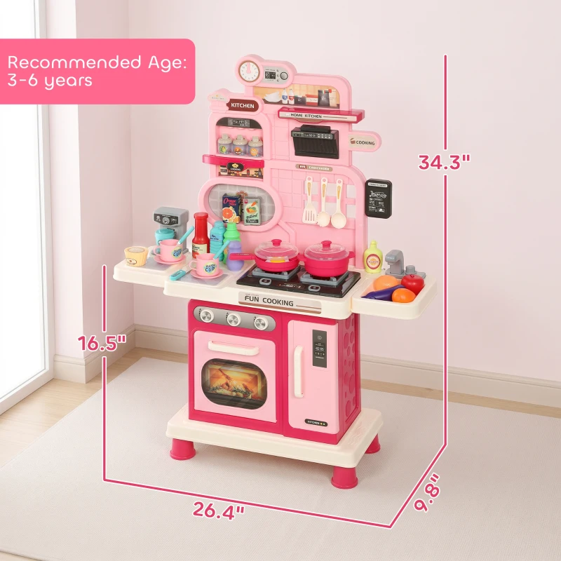 Qaba Kids Kitchen Playset, Play Kitchen with Lights, Sounds, Circulating Water Sink, Storage, 33 PCS for 3-6 Years, Pink