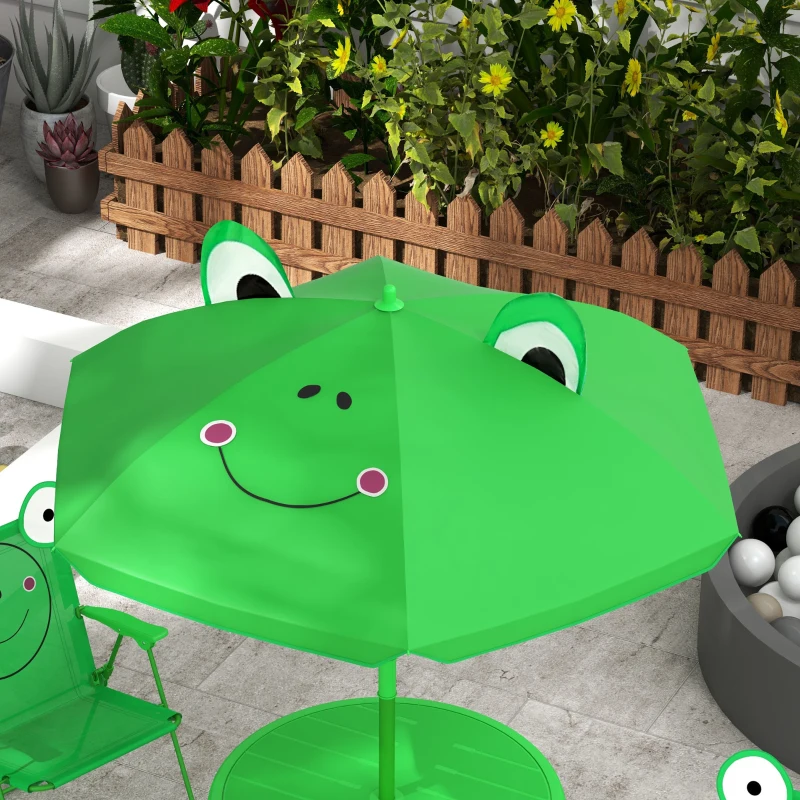 Outsunny Kids Folding Picnic Table and Chair Set Pattern Outdoor Garden Patio Backyard with Removable & Height Adjustable Sun Umbrella Green