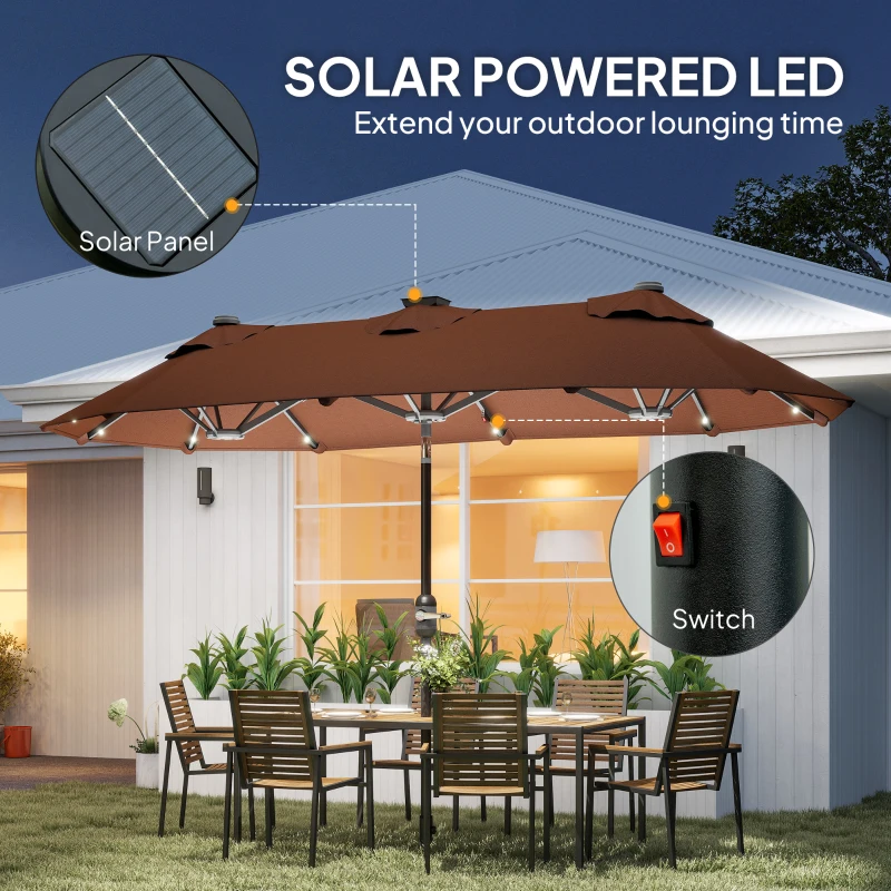 Outsunny Double-sided Outdoor Patio Umbrella with Solar Lights and Base, Dining Table Umbrella Push Button Tilt, Coffee