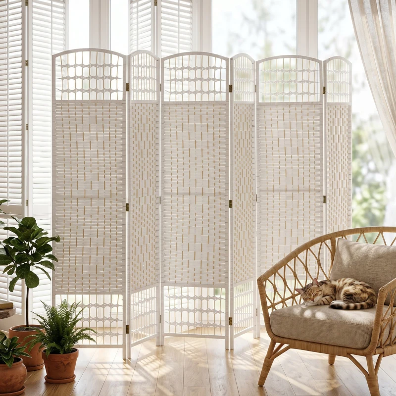 HOMCOM 6 Panel Folding Room Divider Portable Privacy Screen Wave Fiber Room Partition for Home Office White