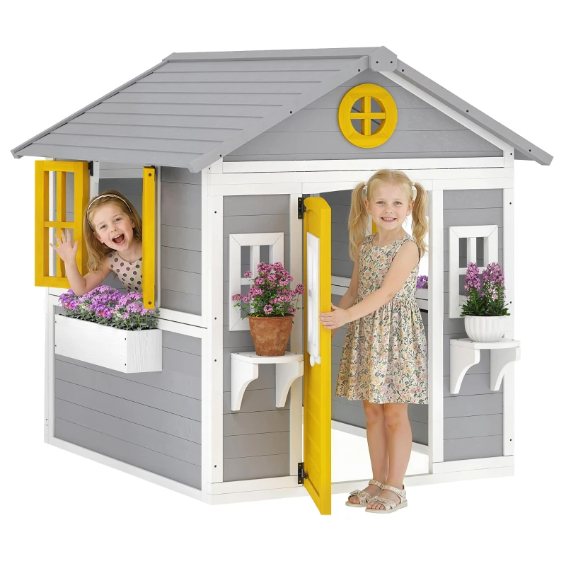 Outsunny Wooden Playhouse for Kids Outdoor with Door, Windows, Planter Pots and Boxes for Toddlers 3-8 Years, Grey