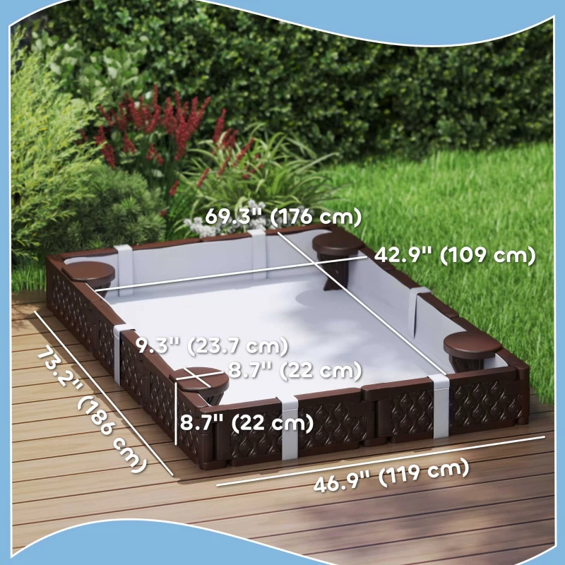 Qaba Kids Sandbox with Cover, 4 Corner Seats, Bottom Liner for Backyard, Garden, Outdoor, 73" x 47" x 9", Dark Brown